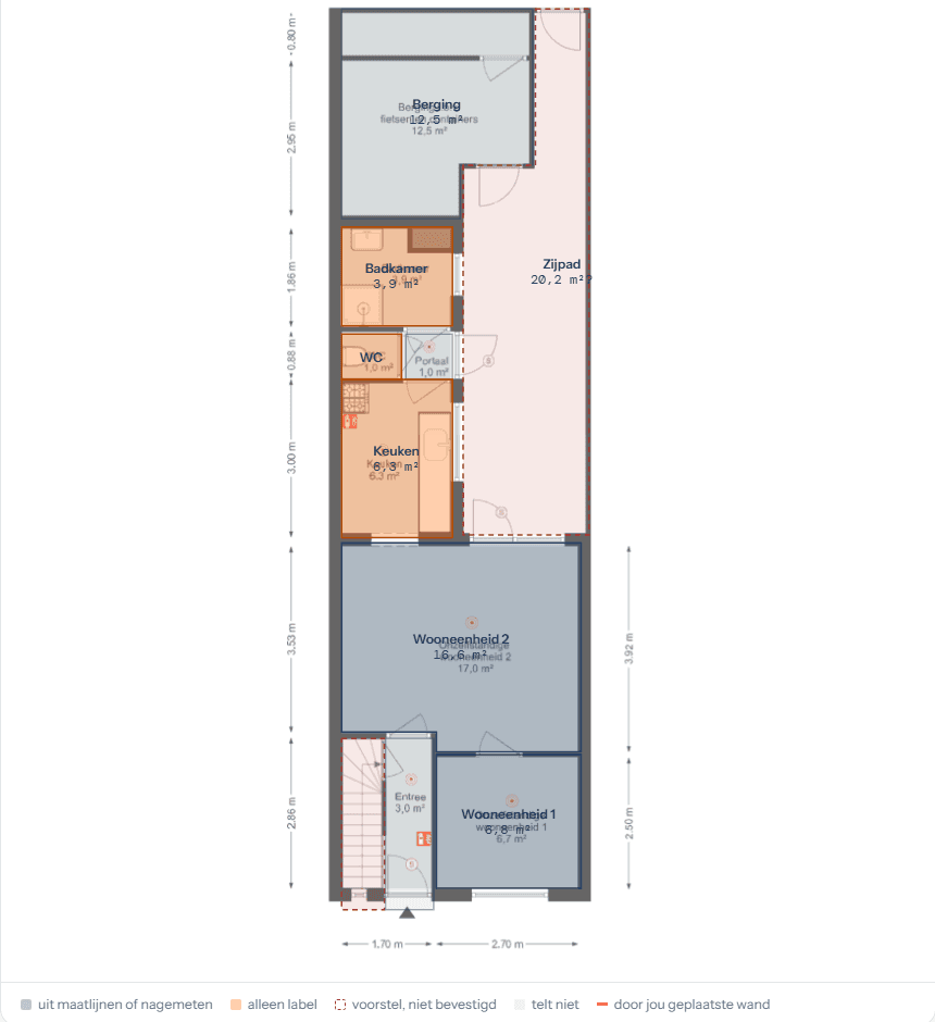 Plattegrond begane grond Banningstraat 43 met herkende ruimtes, maatlijnen en legenda
